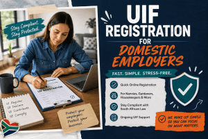 South African domestic employer completing UIF registration paperwork for a domestic worker while reviewing compliance requirements